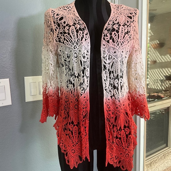 Crochet Lace Boho Hippie Open Cardigan Cotton Sweater Beachy Artsy Pink Orange M - Picture 1 of 8
